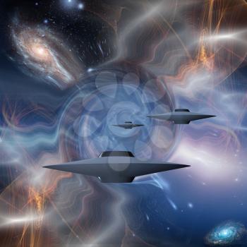 Surreal digital art. Flying saucers in warped space.
