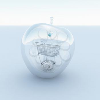 3d render. Apple made of glass with cart inside.