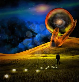 Surreal painting. Giant stone hand holds crystal ball. Man in suit is losing light bulbs in green field. Light bulbs symbolizes ideas.