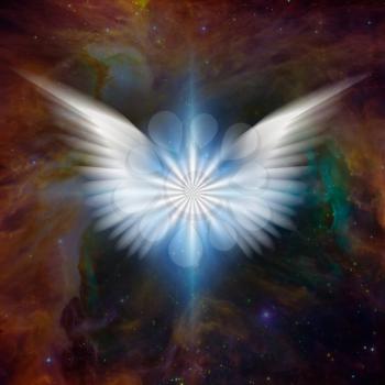 Surreal digital art. Bright star with white angel's wings in vivid colorful universe.