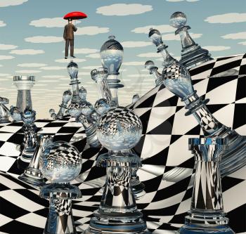 Surreal Chess Landscape and hovering man with red umbrella