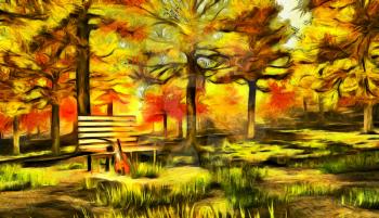 Digital painting in impressionism style. Violin in autumn park.