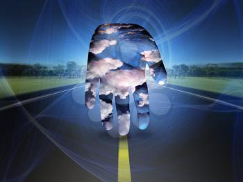 Surrealism. Human's palm with clouds on a road.
