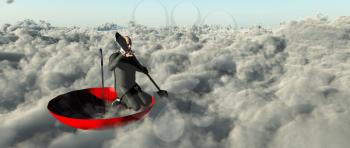 Surrealism. Man in a suit with paddle floats in red umbrella on clouds.