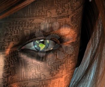 Earth tech eye. Droid woman face. 3D rendering