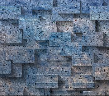Abstract blocks in blue colors with words and butterflies.