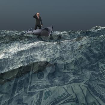 Man afloat on sea of US currency under dark skies