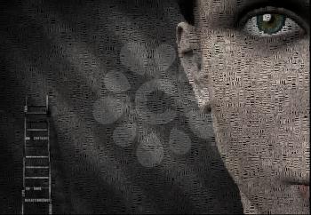 Surreal digital art. Woman's face and ladder. Picture is composed entirely of the words.