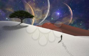 White desert on Alien Planet. Green tree and figure of a man in a distance