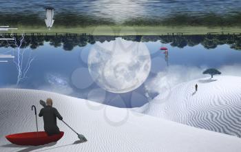 Surreal painting. Man in red umbrella floating on white desert another man flying with umbrella. Figure of man and monk in a distance. Big moon rising above green forest