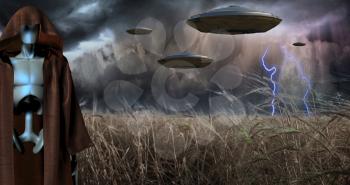 Alien Invasion. UFOs in storm clouds