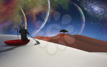 Escape from reality. Man in red umbrella floating on white desert. Green tree at the horizon. Big planets in the sky