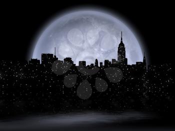 NYC Cityscape reflects in the moon. 3D Rendering