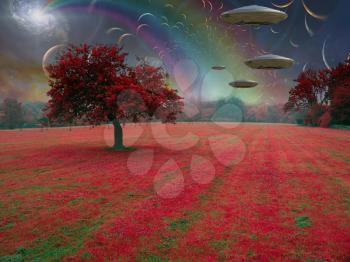 Fantastic landscape. Rainbow and spacecrafts in the sky