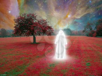 White monk in red surreal landscape. Vivid nebulae in the sky