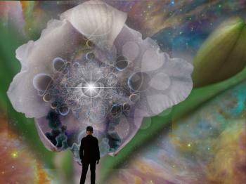 Surreal art. Flower bud with planets and eye. Man in black suit