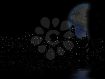 3D rendering. Terraformed moon over night city. Manhattan
