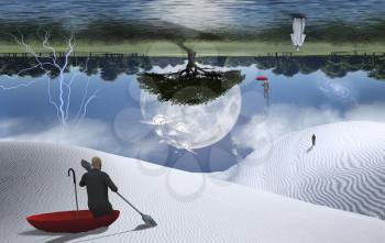 Surreal painting. Man in red umbrella floating on white desert another man flying with umbrella. Figure of man and monk in a distance. Big moon rising above green forest.