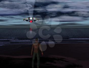 UFO hovers over ocean shore