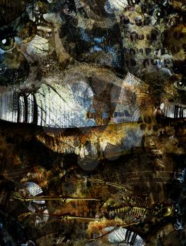 Grunge Dark Textured Manhattan Bridge Abstract. Clock face and eyes. Skeleton. 3D rendering