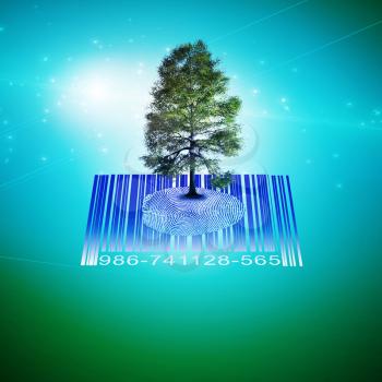 Eco composition. Green tree on fingerprint and barcode.
