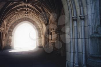 Gothic archway with light illuminating the path.
