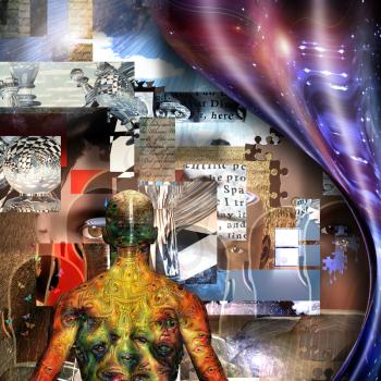 Complex surreal painting. Behind Curtain of space. Man with weird demons eyes on his skin. Pieces of puzzle. Chess figures