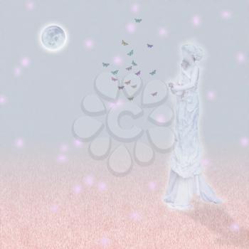 Woman`s marble statue and butterflies. Glowing moon.