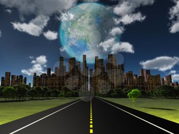 Night roadway to future city. Terraformed moon in the sky. 3D rendering