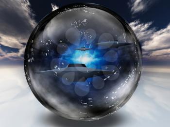 UFO in warp sphere. Sci fi art