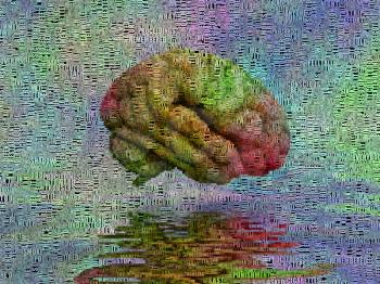 Colorful human's brain hovers above water. Image composed entirely of words
