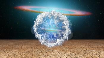 Surrealism. Splash of clouds and lightnings. Galaxy disk on a background. Life capsule 