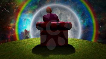 Surreal composition. Man sits in red armchair and observes moon and rainbow in vivid universe. 3D rendering