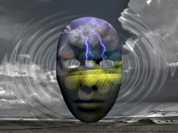 Mask with painting of storm and lightning above green field. Mountain landscape on a background