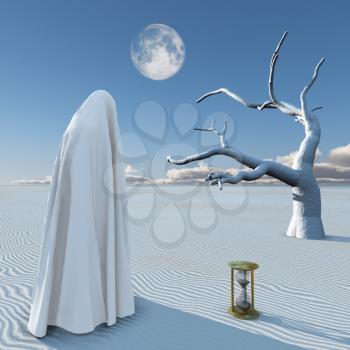 Surreal painting. Figure in white hijab stands at the desert