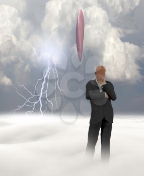 Faceless man and giant UFO in clouds