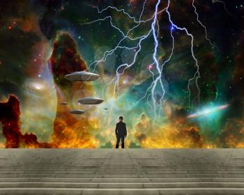 Man observes UFO fleet in vivid sky. Colorful nebula