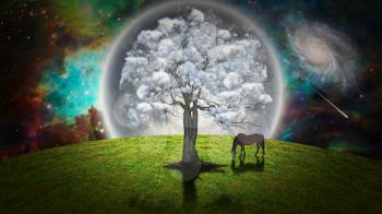 Surrealism. Oasis of life. Horse grazes near clouds tree. Full moon at the horizon