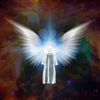 Surreal digital art. Figure of man in white cloak stands before bright star with white angel's wings