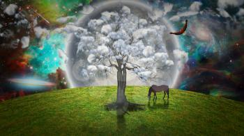 Peaceful Landscape. Horse grazes near clouds tree, eagle flies in vivid sky