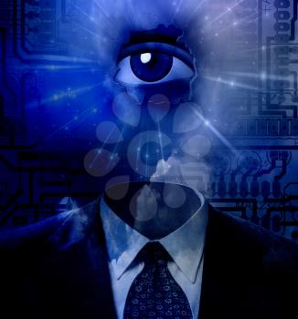 Overseer. Man's suit and eye on circuit board background
