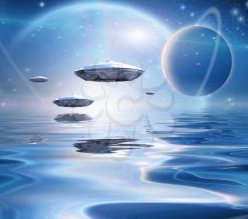 Exosolar Planets Rise over quiet waters. Spacecrafts fleet