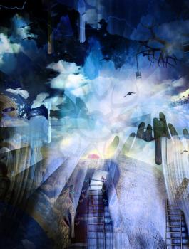 Surreal composition. Praying hands, men with thoughts and hopes. Light bulbs on a tree and birds in the sky. 3D rendering