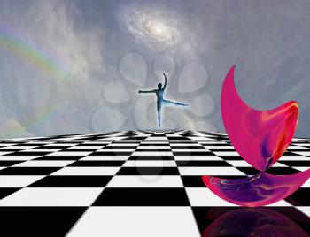 Surreal composition. Pink matter and dancer on chessboard