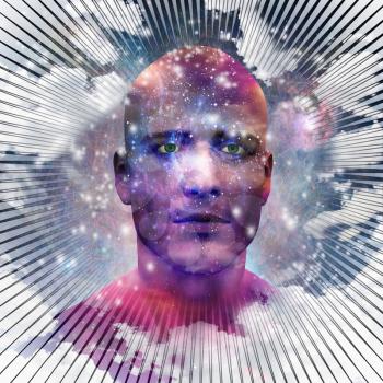 Surreal digital art. Mans head with stars and clouds. Abstract background