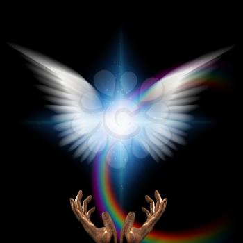 Surreal digital art. Moment of creation. Bright star with white angel's wings and rainbow. Hands of creator