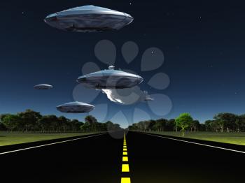 Flying saucers over the highway. Space travelers