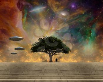 Beautiful surreal sci-fi landscape. Tree of Life and Spacecrafts. Man in black suit