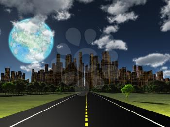 World of Future. Night roadway to future city. Terraformed moon in the sky. 3D rendering