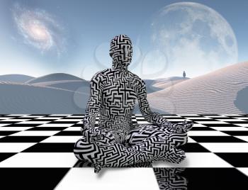 Surrealism. Man with maze pattern sits in lotus pose on a chess board. Lonely traveler in the white sands dune. 3D rendering